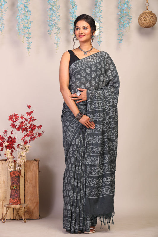 Anuttara Bhagalpuri Gray Cotton Silk Paisley Saree with Unstitched Blouse_AFS1076-FS