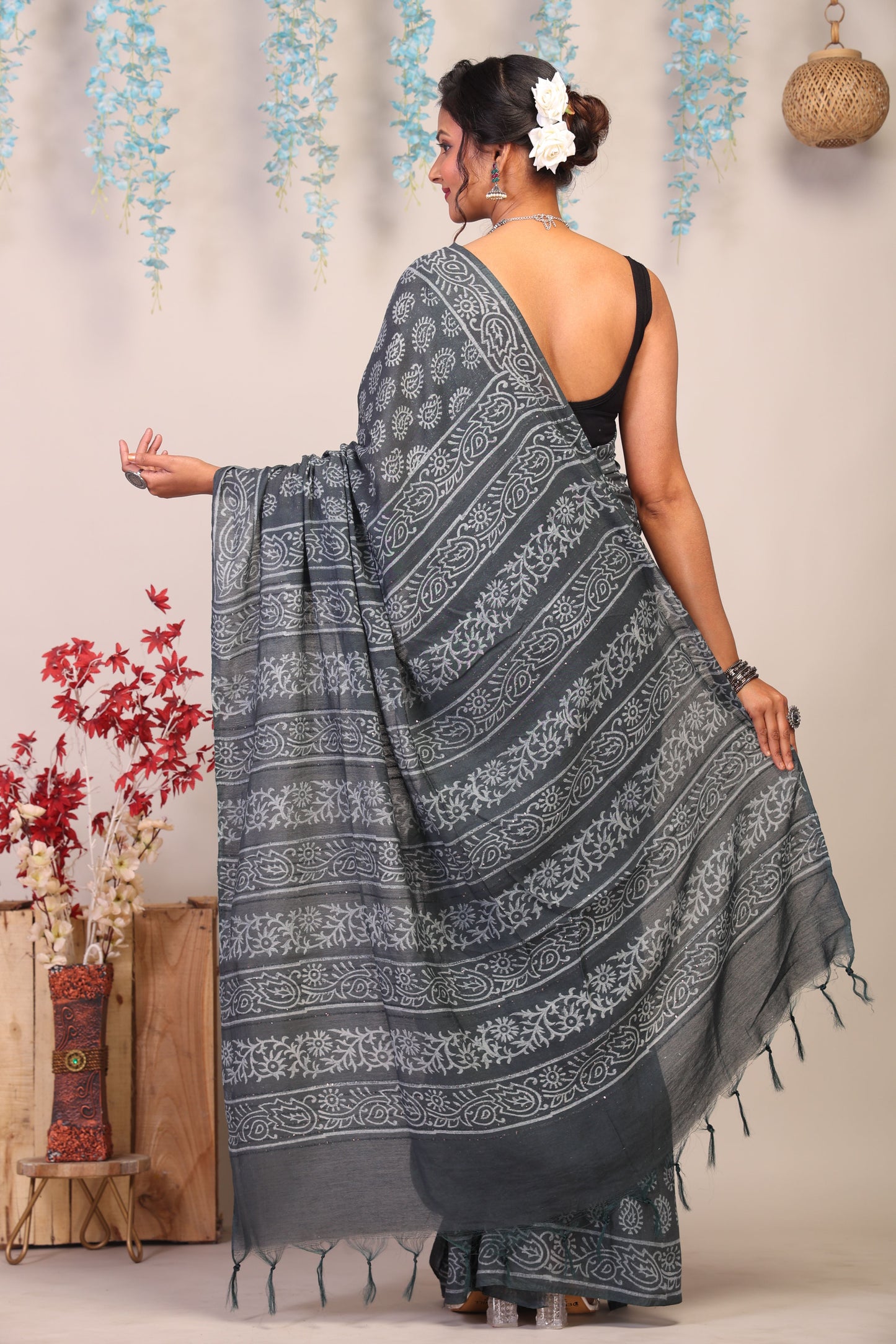 Anuttara Bhagalpuri Gray Cotton Silk Paisley Saree with Unstitched Blouse_AFS1076-FS