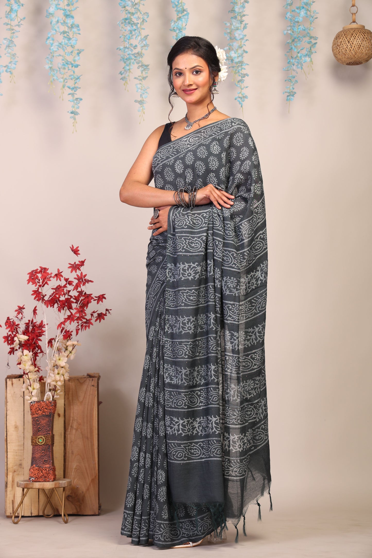 Anuttara Bhagalpuri Gray Cotton Silk Paisley Saree with Unstitched Blouse_AFS1076-FS