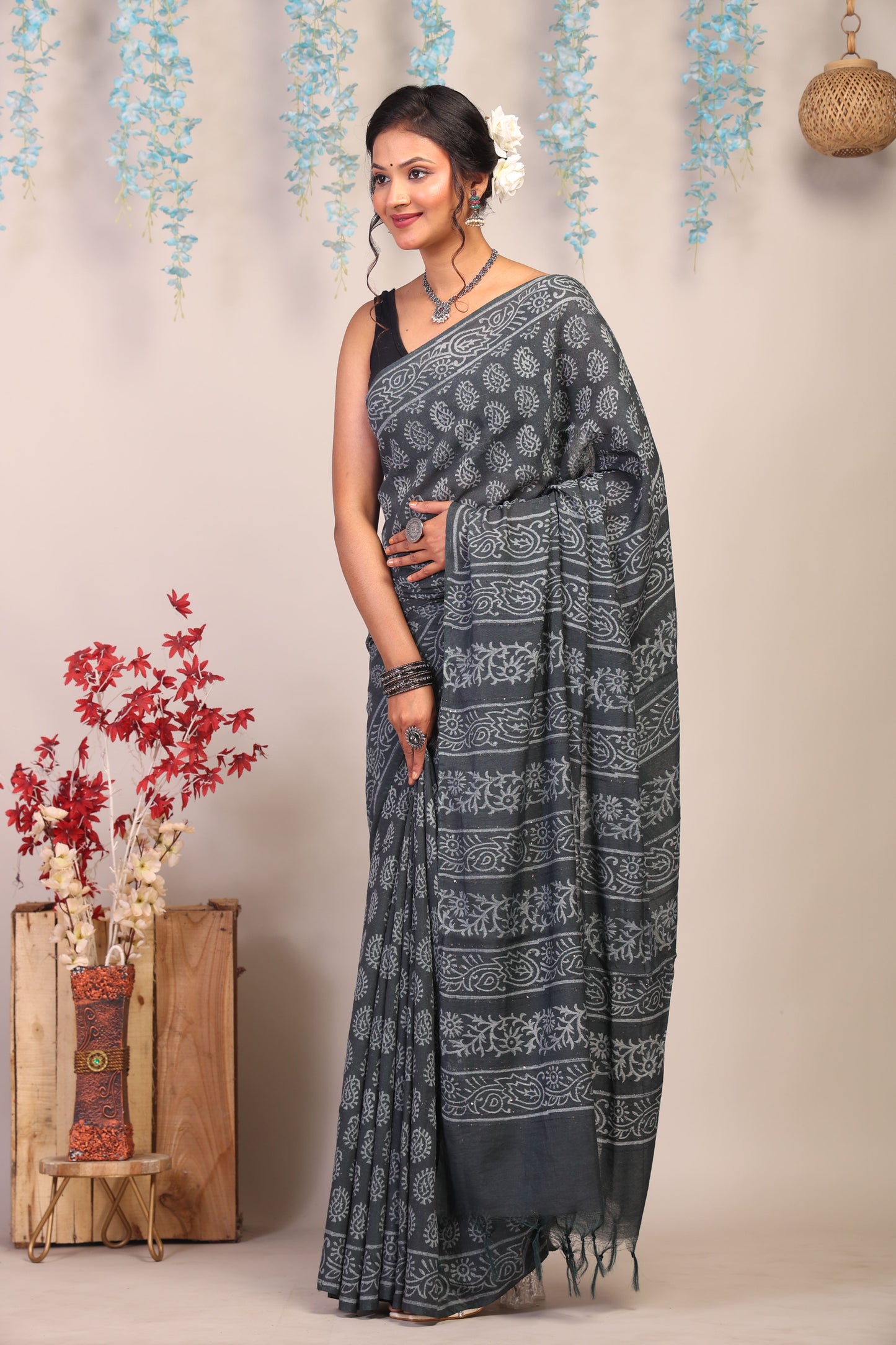 Anuttara Bhagalpuri Gray Cotton Silk Paisley Saree with Unstitched Blouse_AFS1076-FS