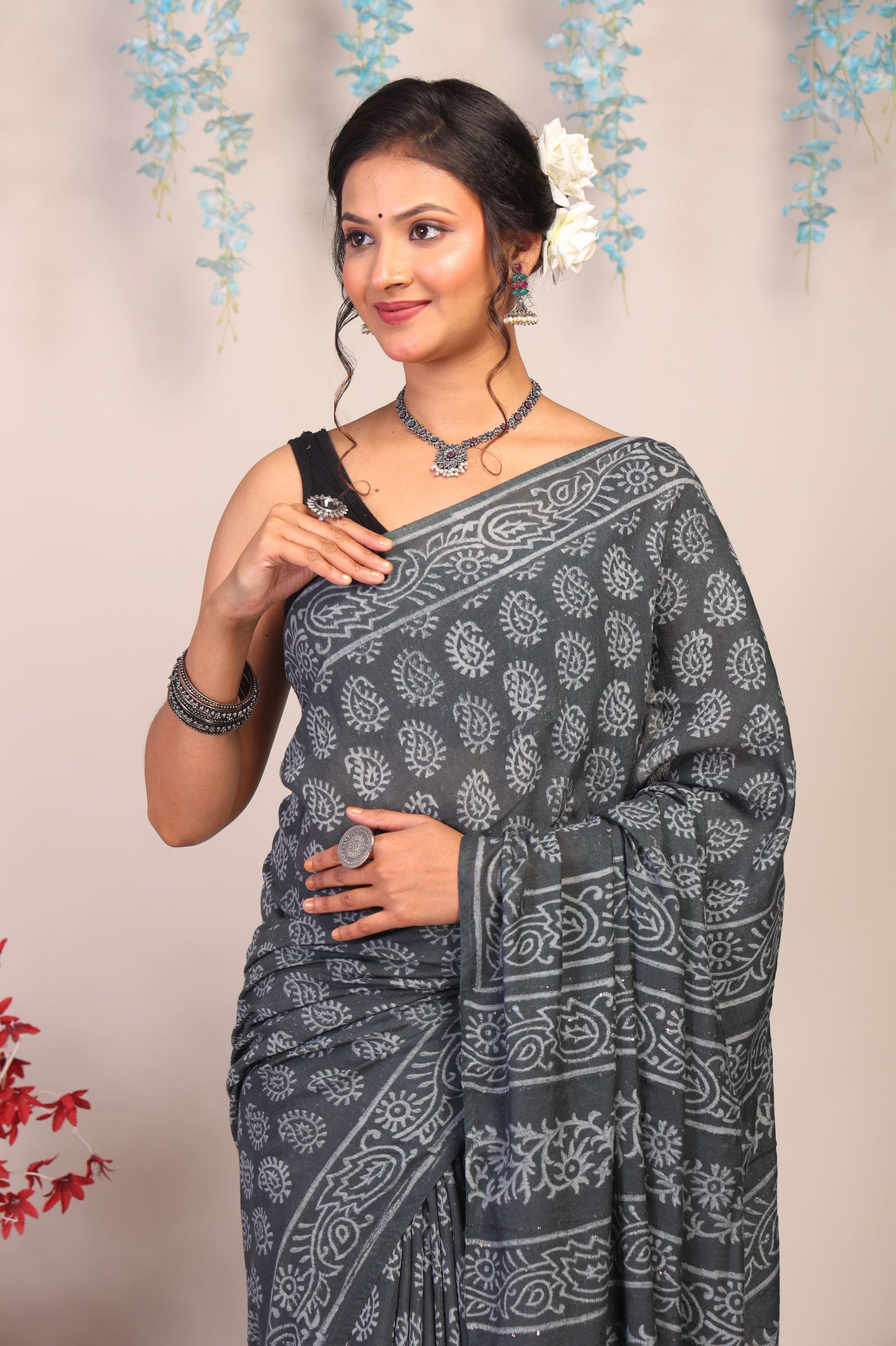 Anuttara Bhagalpuri Gray Cotton Silk Paisley Saree with Unstitched Blouse_AFS1076-FS
