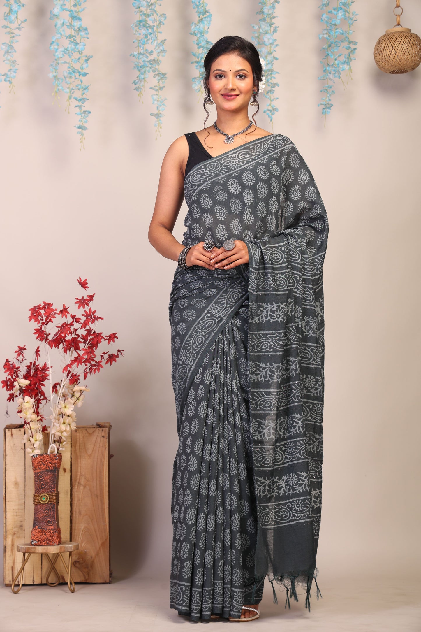 Anuttara Bhagalpuri Gray Cotton Silk Paisley Saree with Unstitched Blouse_AFS1076-FS