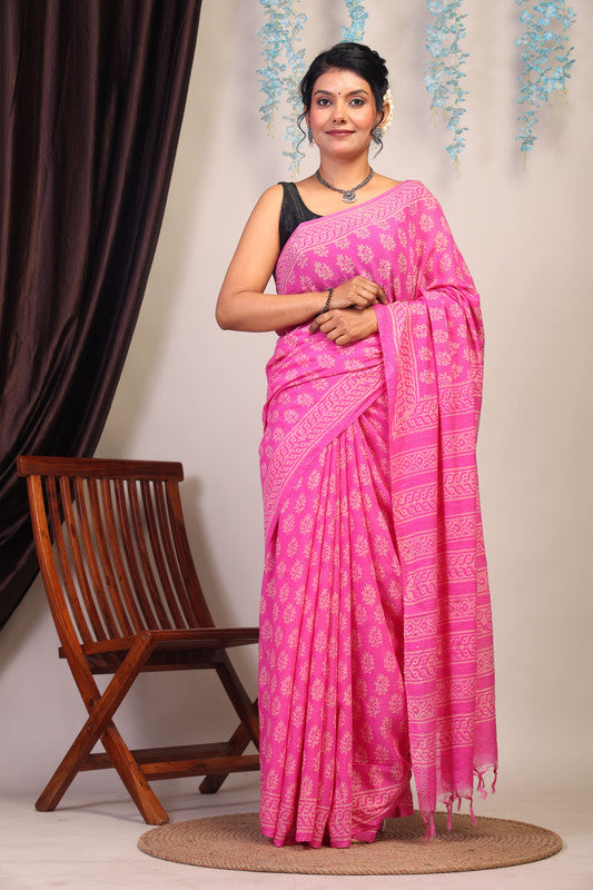 Anuttara Bhagalpuri Pink Cotton Silk Floral Saree with Unstitched Blouse_AFS1077-FS