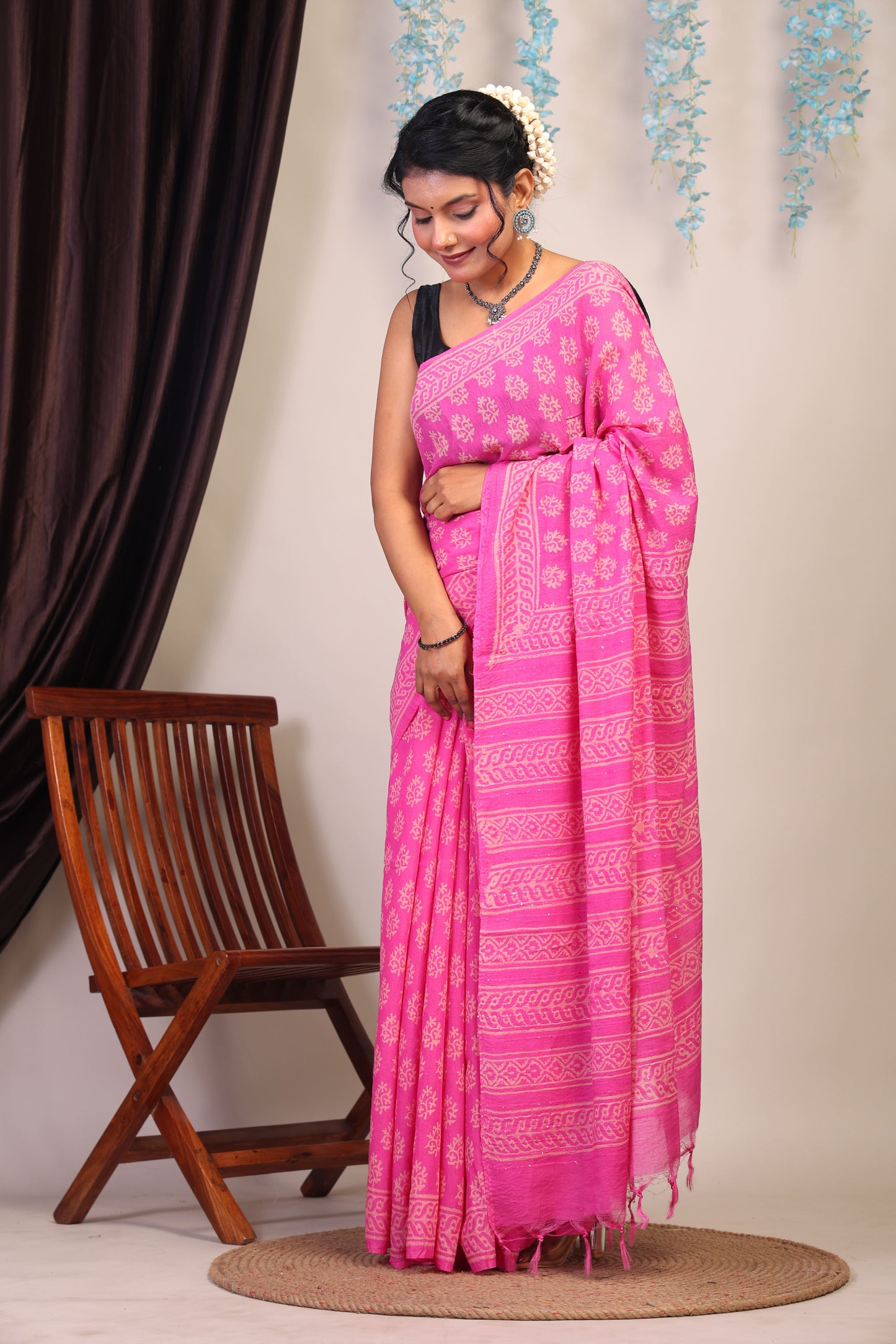 Anuttara Bhagalpuri Pink Cotton Silk Floral Saree with Unstitched Blouse_AFS1077-FS