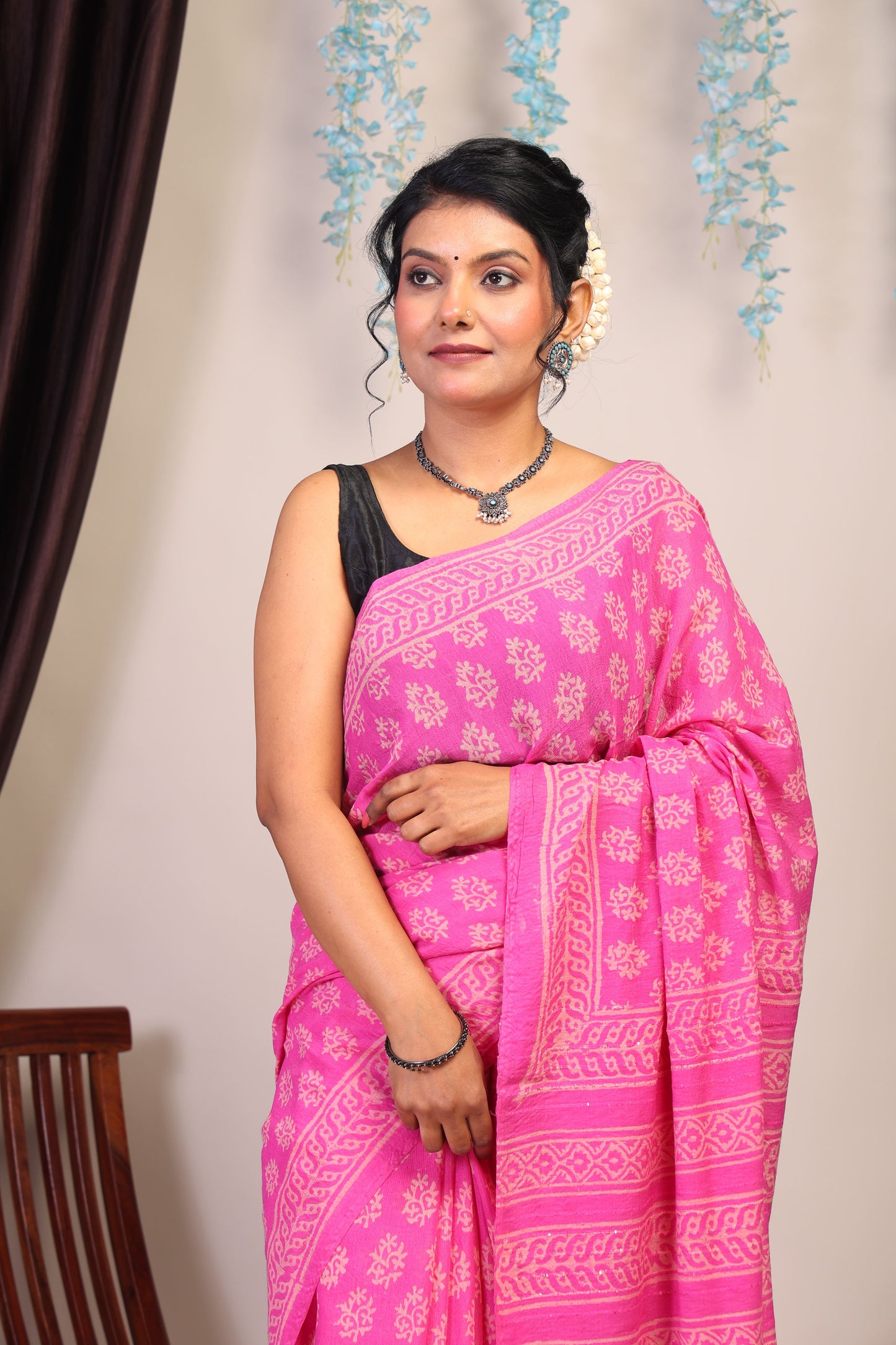 Anuttara Bhagalpuri Pink Cotton Silk Floral Saree with Unstitched Blouse_AFS1077-FS