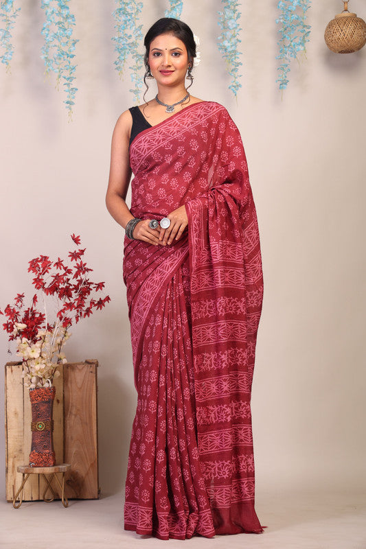 Anuttara Bhagalpuri Maroon Cotton Silk Floral Saree with Unstitched Blouse_AFS1078-FS