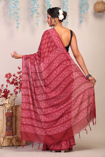 Anuttara Bhagalpuri Maroon Cotton Silk Floral Saree with Unstitched Blouse_AFS1078-FS