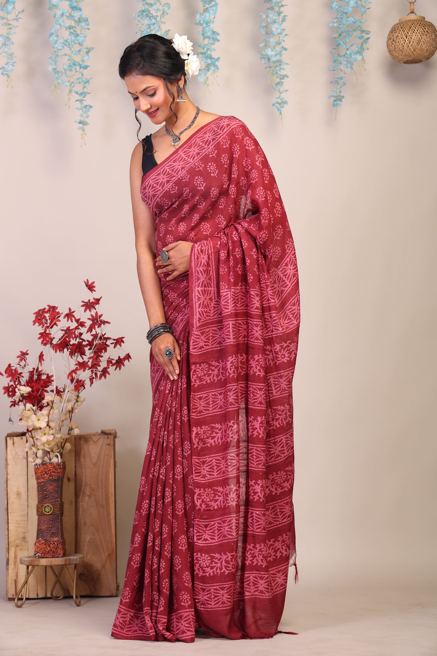 Anuttara Bhagalpuri Maroon Cotton Silk Floral Saree with Unstitched Blouse_AFS1078-FS