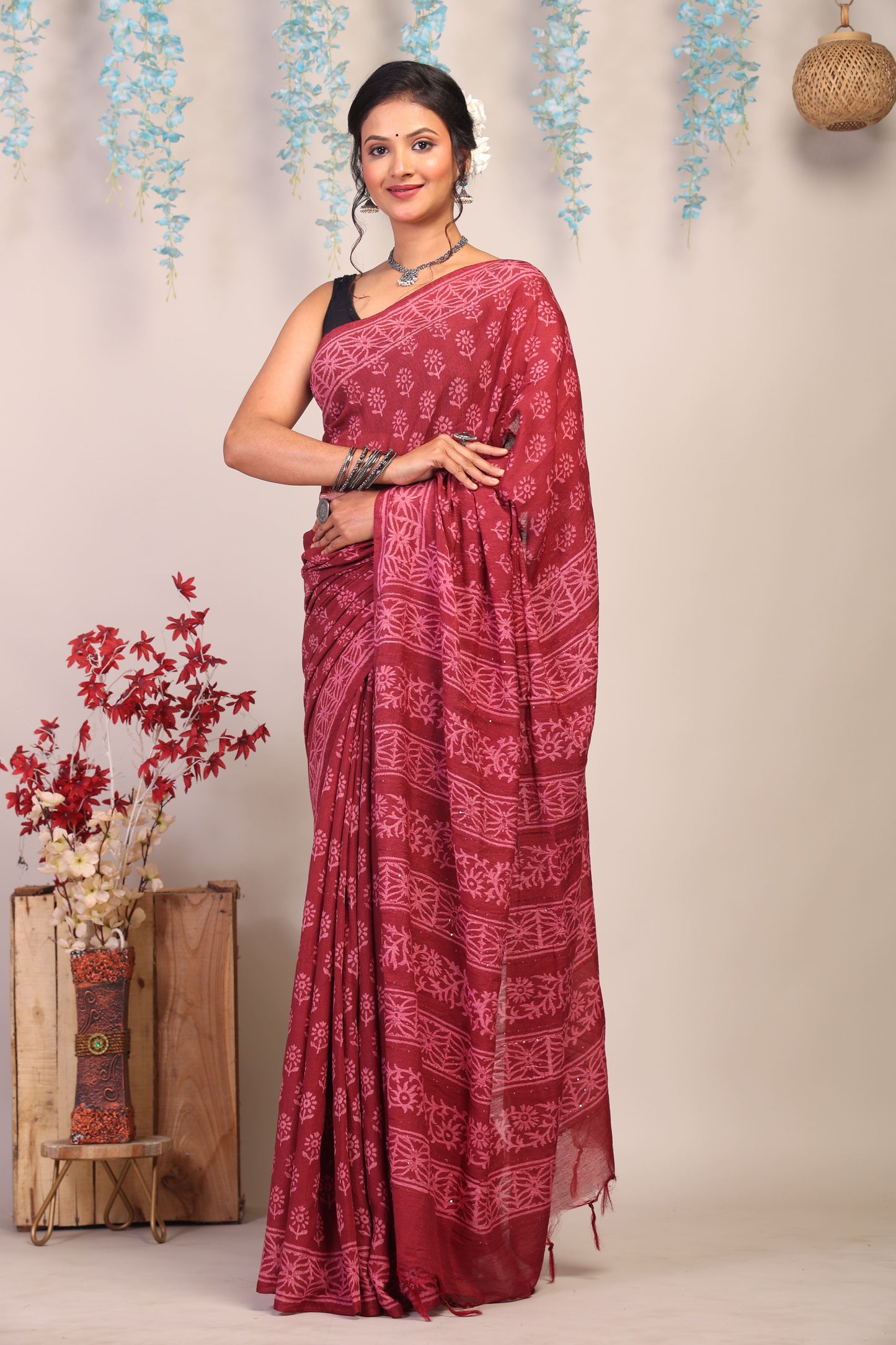 Anuttara Bhagalpuri Maroon Cotton Silk Floral Saree with Unstitched Blouse_AFS1078-FS