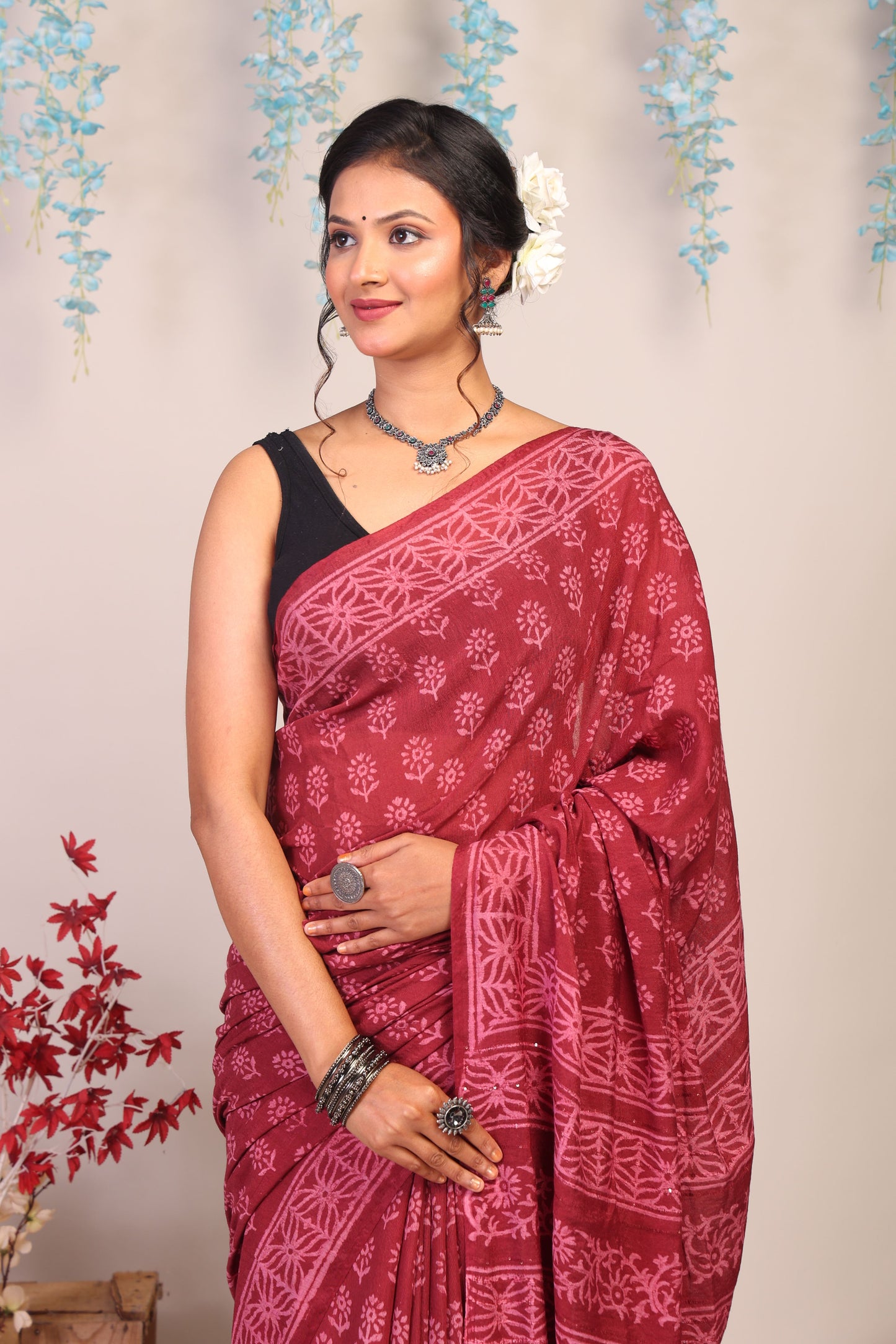 Anuttara Bhagalpuri Maroon Cotton Silk Floral Saree with Unstitched Blouse_AFS1078-FS