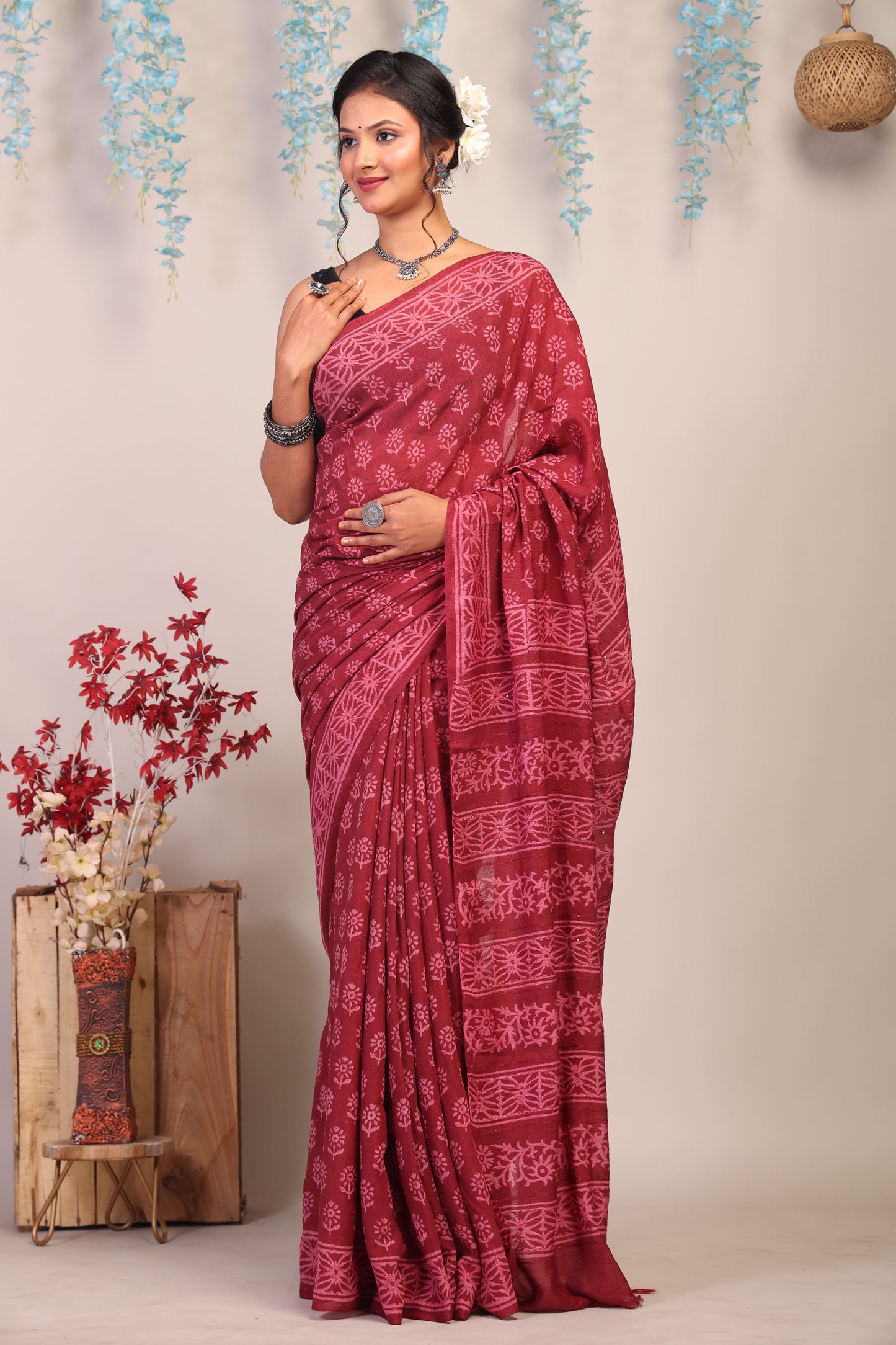 Anuttara Bhagalpuri Maroon Cotton Silk Floral Saree with Unstitched Blouse_AFS1078-FS