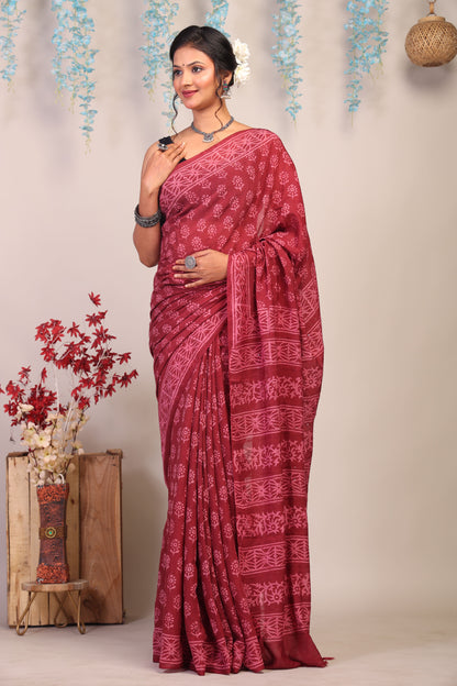 Anuttara Bhagalpuri Maroon Cotton Silk Floral Saree with Unstitched Blouse_AFS1078-FS