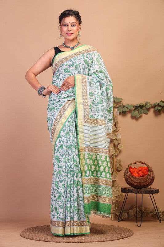Anuttara Bhagalpuri Green Cotton Linen Hand Block Saree with Blouse_AFS1079-FS