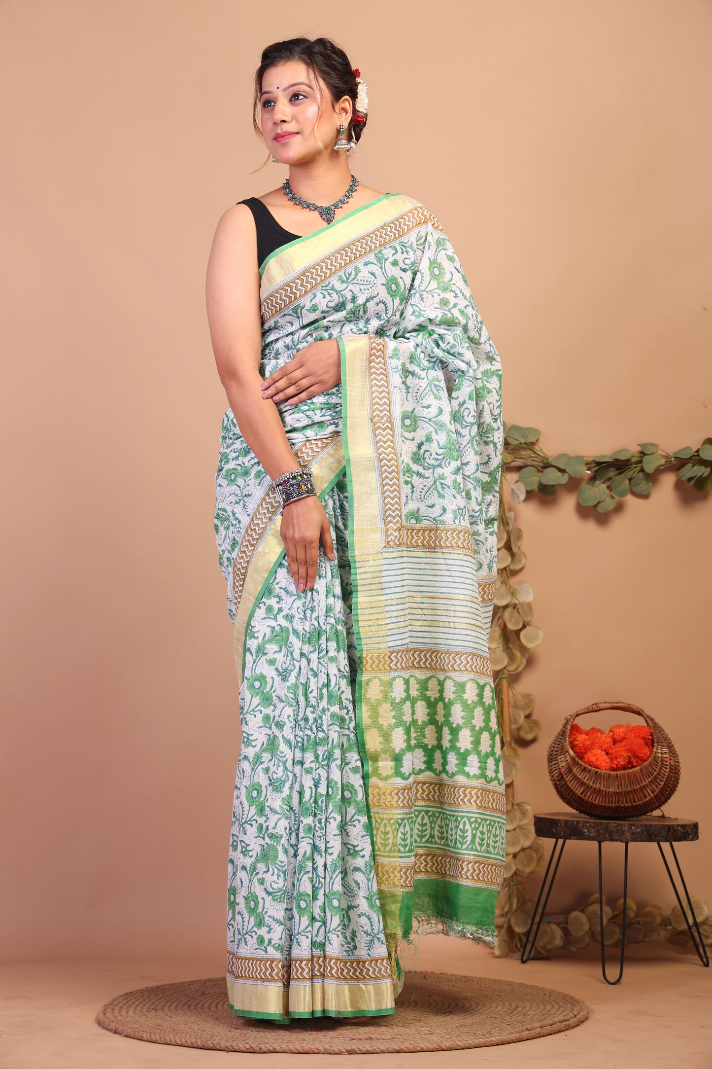 Anuttara Bhagalpuri Green Cotton Linen Hand Block Saree with Blouse_AFS1079-FS