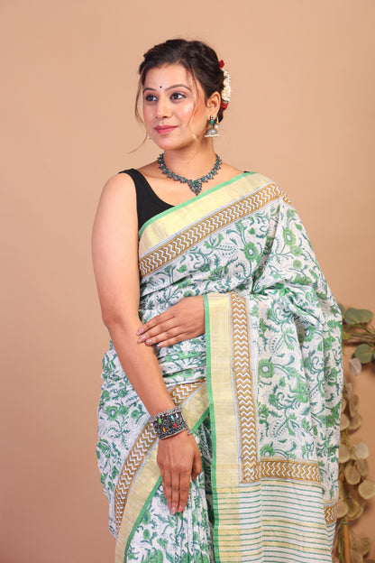 Anuttara Bhagalpuri Green Cotton Linen Hand Block Saree with Blouse_AFS1079-FS