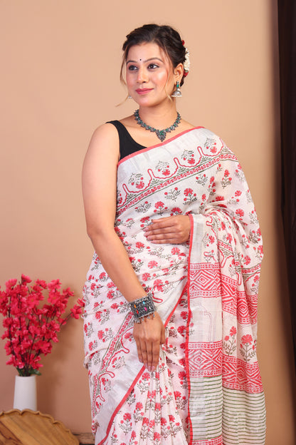 Anuttara Bhagalpuri White:Red Cotton Linen Hand Block Saree with Blouse_AFS1081-FS