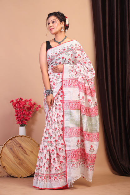 Anuttara Bhagalpuri White:Red Cotton Linen Hand Block Saree with Blouse_AFS1081-FS