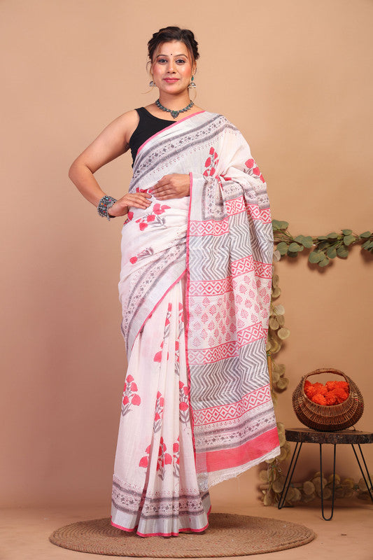 Anuttara Bhagalpuri White:Pink Cotton Linen Hand Block Saree with Blouse_AFS1082-FS