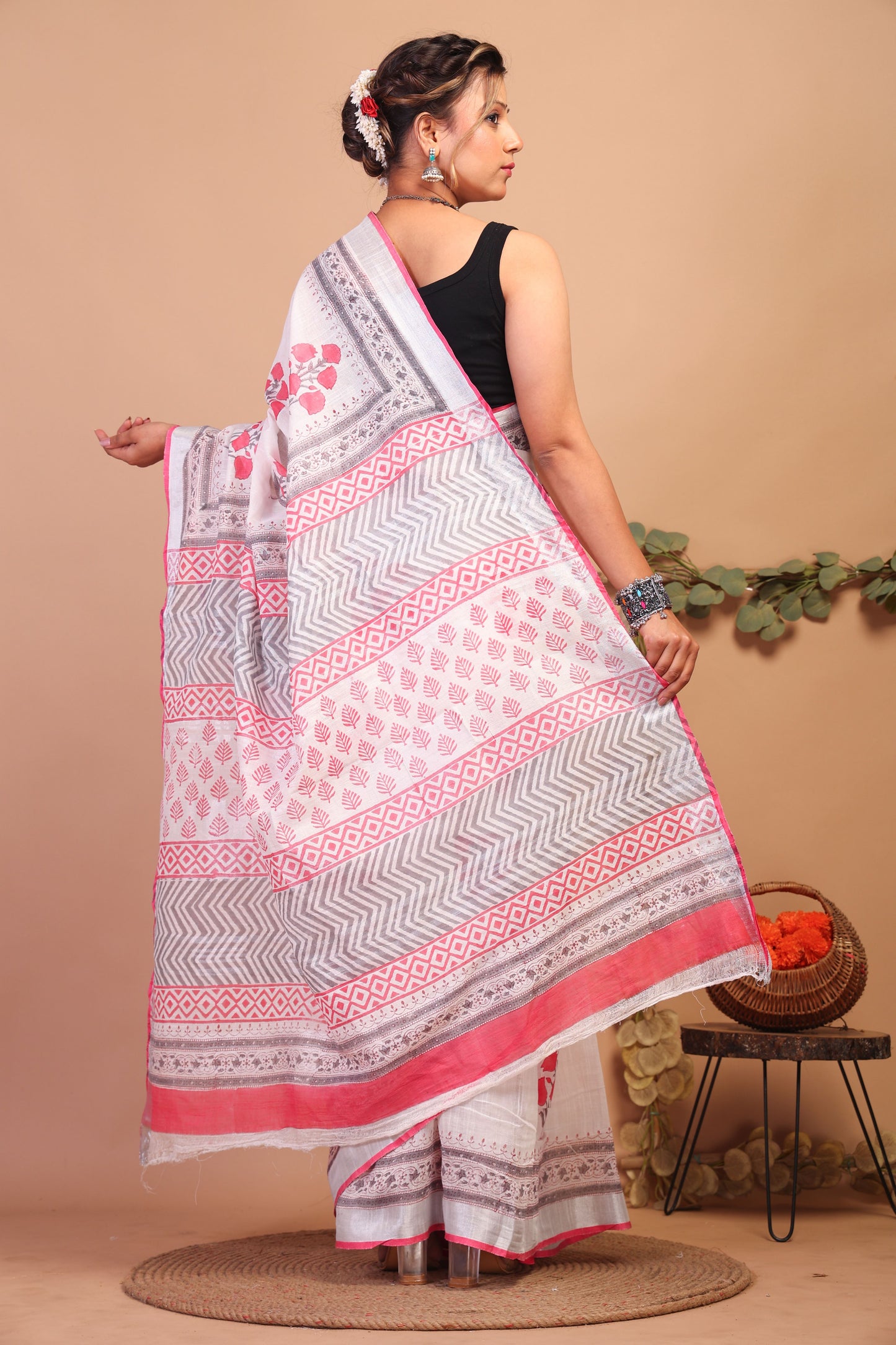 Anuttara Bhagalpuri White:Pink Cotton Linen Hand Block Saree with Blouse_AFS1082-FS