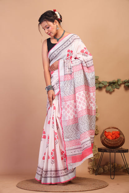 Anuttara Bhagalpuri White:Pink Cotton Linen Hand Block Saree with Blouse_AFS1082-FS