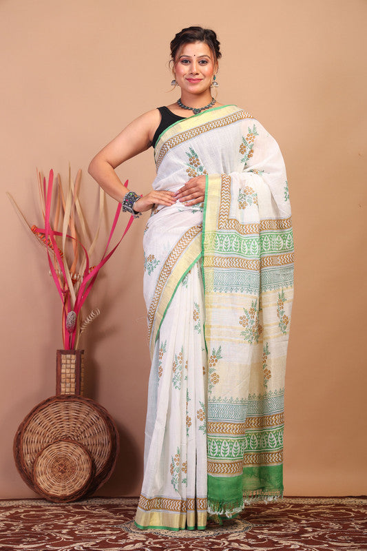 Anuttara Bhagalpuri White Cotton Linen Hand Block Saree with Blouse_AFS1083-FS
