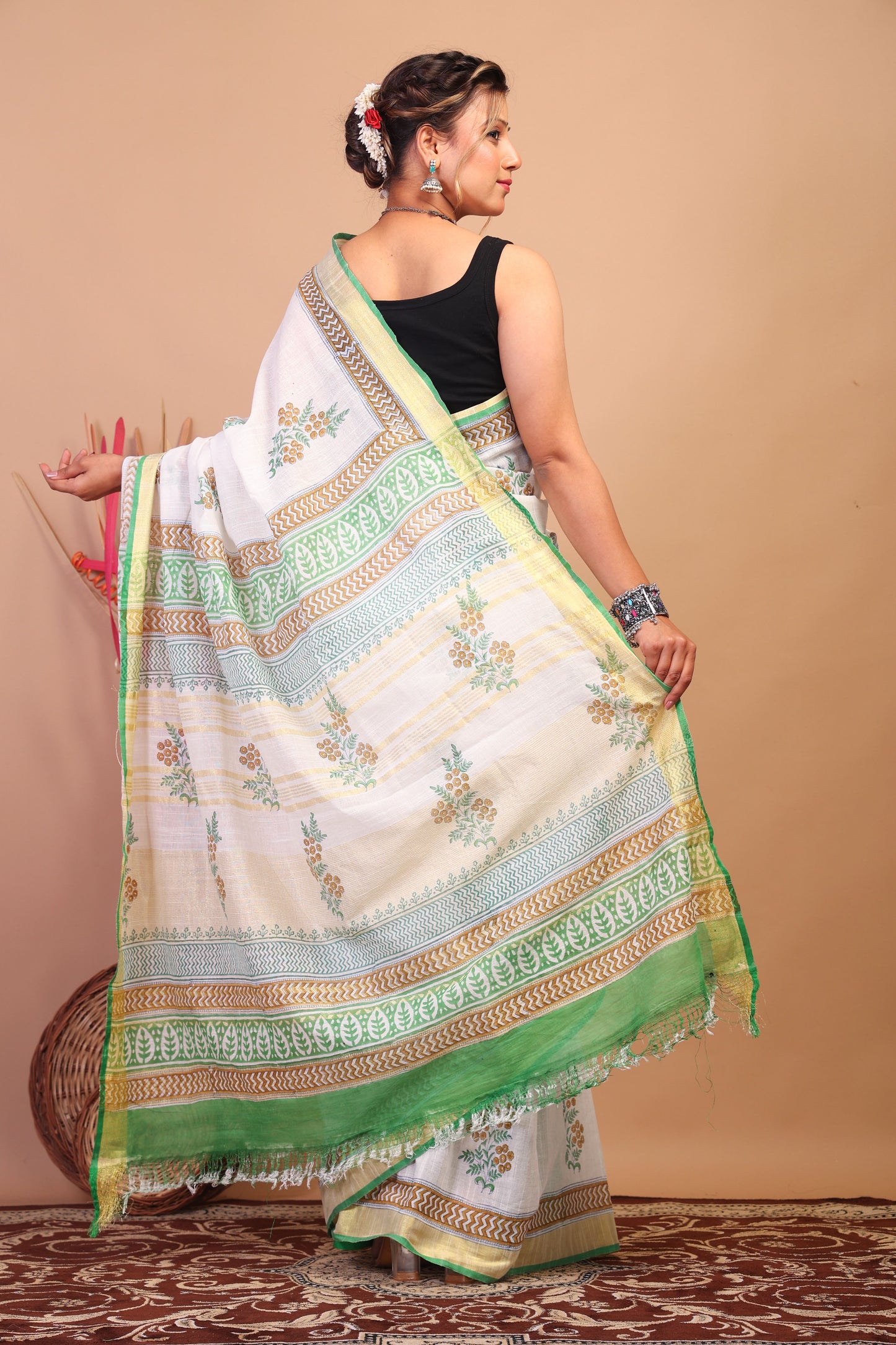 Anuttara Bhagalpuri White Cotton Linen Hand Block Saree with Blouse_AFS1083-FS