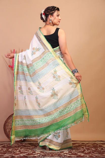 Anuttara Bhagalpuri White Cotton Linen Hand Block Saree with Blouse_AFS1083-FS