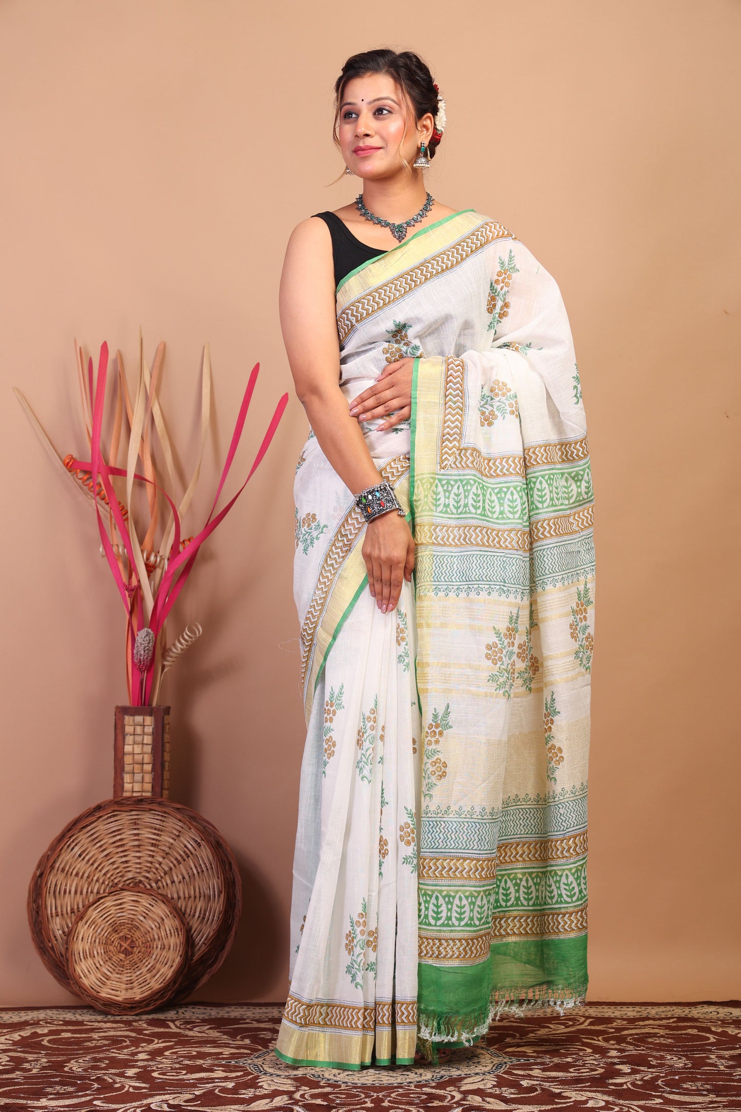 Anuttara Bhagalpuri White Cotton Linen Hand Block Saree with Blouse_AFS1083-FS