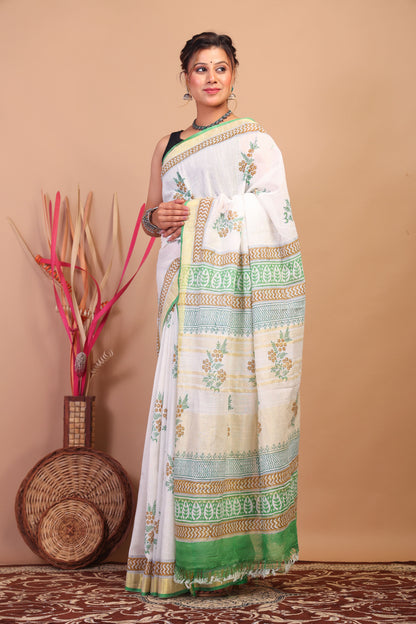 Anuttara Bhagalpuri White Cotton Linen Hand Block Saree with Blouse_AFS1083-FS