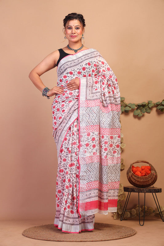 Anuttara Bhagalpuri Multicolor Cotton Linen Hand Block Saree with Blouse_AFS1084-FS