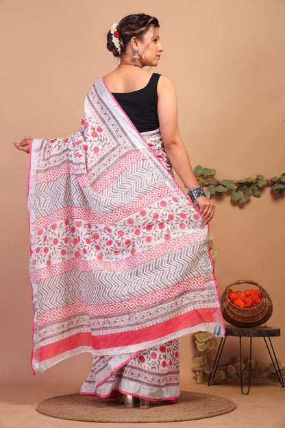 Anuttara Bhagalpuri Multicolor Cotton Linen Hand Block Saree with Blouse_AFS1084-FS