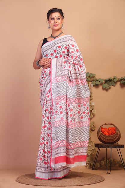Anuttara Bhagalpuri Multicolor Cotton Linen Hand Block Saree with Blouse_AFS1084-FS