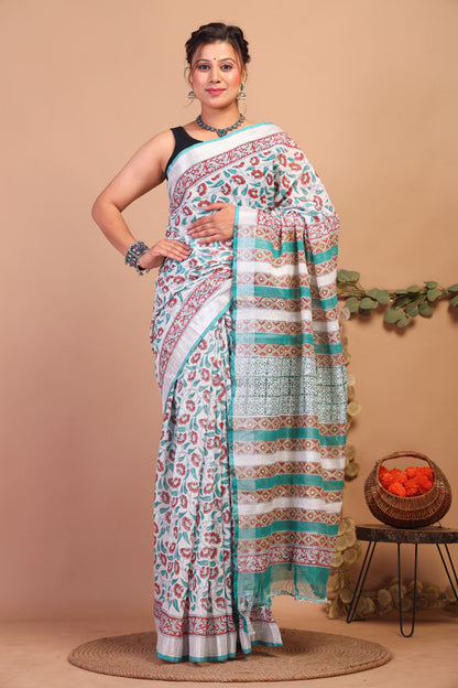 Anuttara Bhagalpuri Multicolor Cotton Linen Hand Block Saree with Blouse_AFS1085-FS