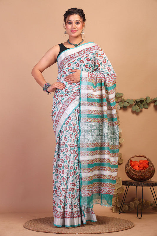 Anuttara Bhagalpuri Multicolor Cotton Linen Hand Block Saree with Blouse_AFS1085-FS
