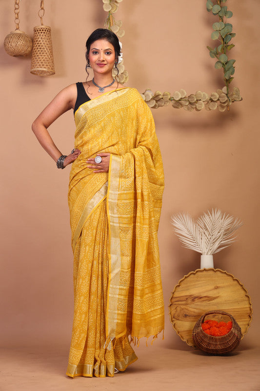 Anuttara Bhagalpuri Yellow Cotton Linen Hand Block Saree with Blouse_AFS1086-FS