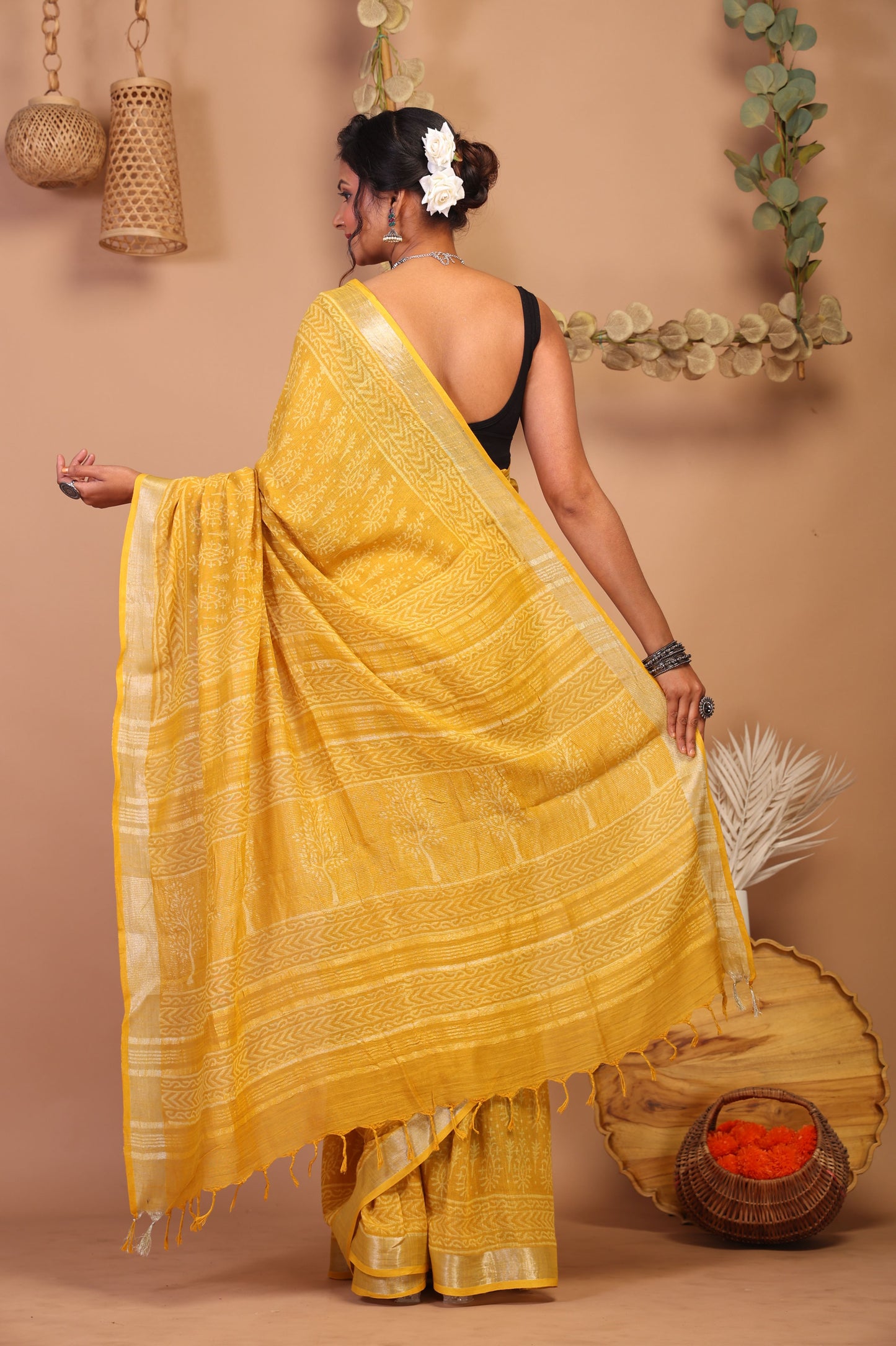 Anuttara Bhagalpuri Yellow Cotton Linen Hand Block Saree with Blouse_AFS1086-FS