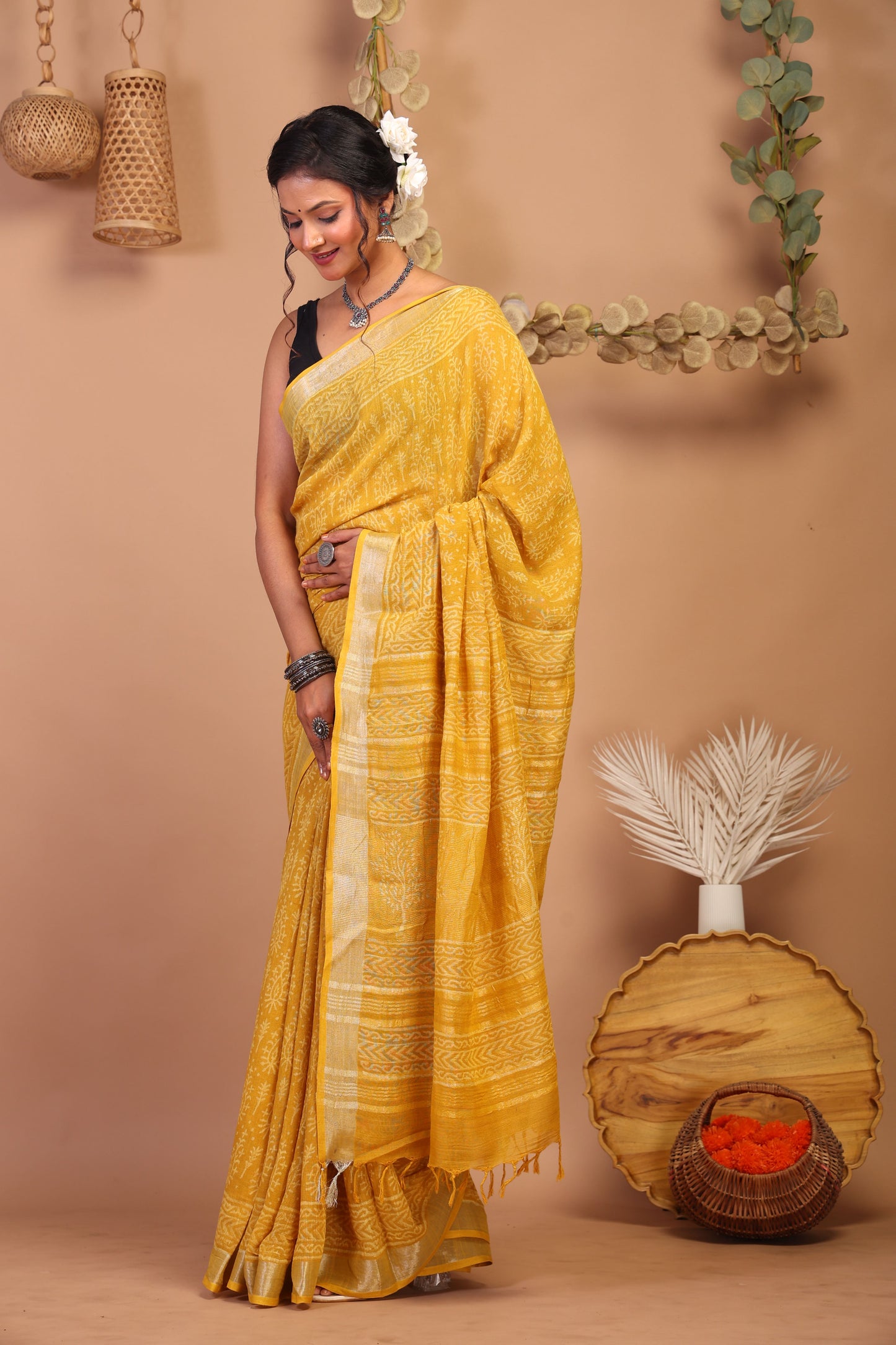 Anuttara Bhagalpuri Yellow Cotton Linen Hand Block Saree with Blouse_AFS1086-FS