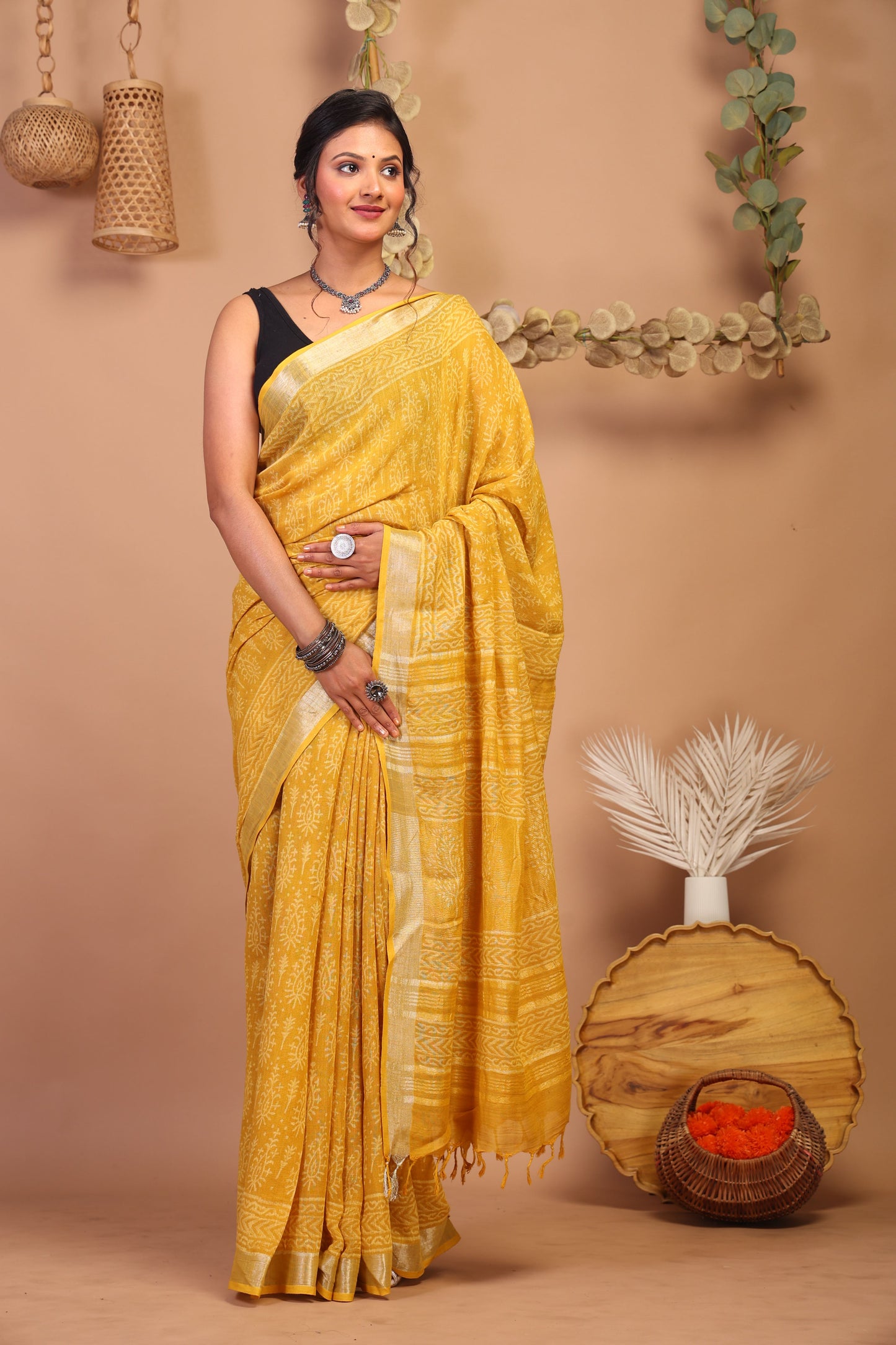 Anuttara Bhagalpuri Yellow Cotton Linen Hand Block Saree with Blouse_AFS1086-FS