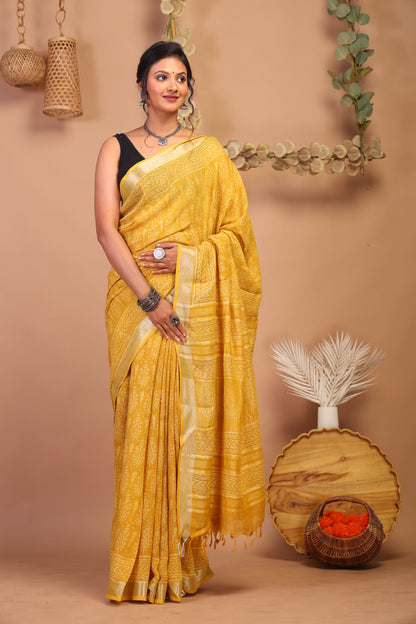Anuttara Bhagalpuri Yellow Cotton Linen Hand Block Saree with Blouse_AFS1086-FS