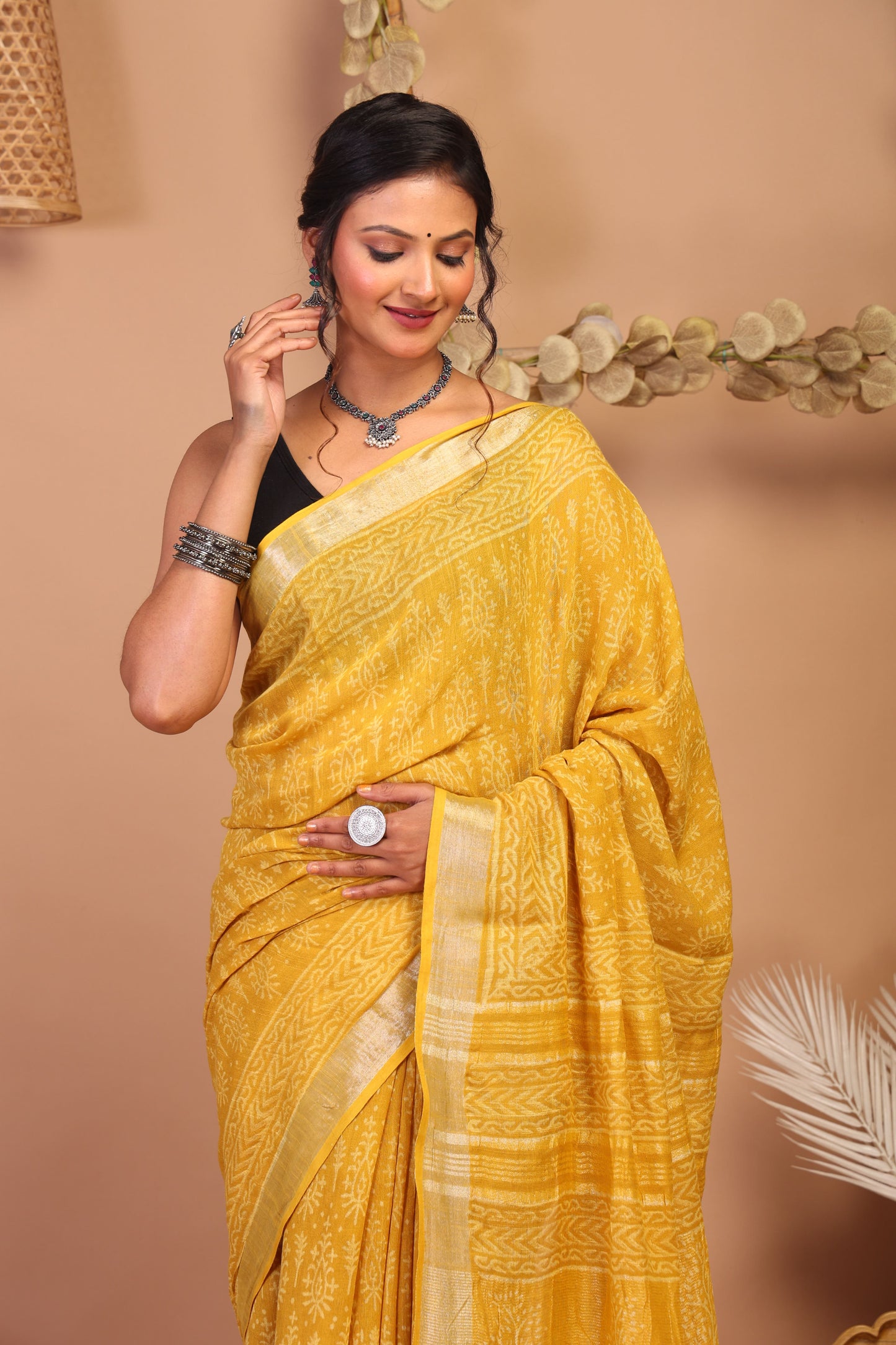 Anuttara Bhagalpuri Yellow Cotton Linen Hand Block Saree with Blouse_AFS1086-FS