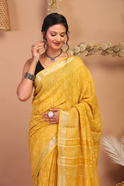 Anuttara Bhagalpuri Yellow Cotton Linen Hand Block Saree with Blouse_AFS1086-FS