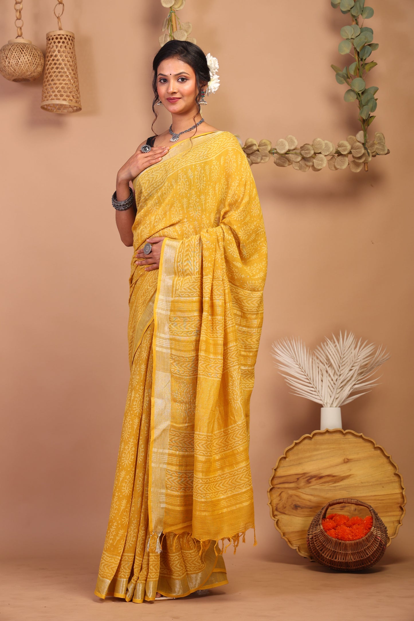 Anuttara Bhagalpuri Yellow Cotton Linen Hand Block Saree with Blouse_AFS1086-FS