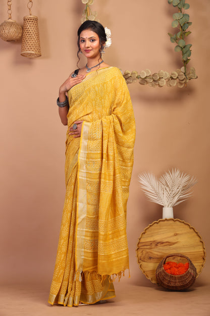 Anuttara Bhagalpuri Yellow Cotton Linen Hand Block Saree with Blouse_AFS1086-FS