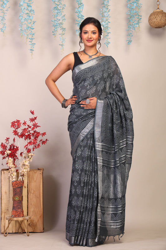 Anuttara Bhagalpuri Gray Cotton Linen Hand Block Saree with Blouse_AFS1087-FS