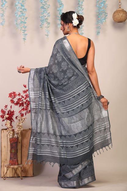 Anuttara Bhagalpuri Gray Cotton Linen Hand Block Saree with Blouse_AFS1087-FS