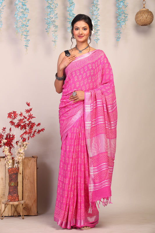 Anuttara Bhagalpuri Pink Cotton Linen Hand Block Saree with Blouse_AFS1088-FS