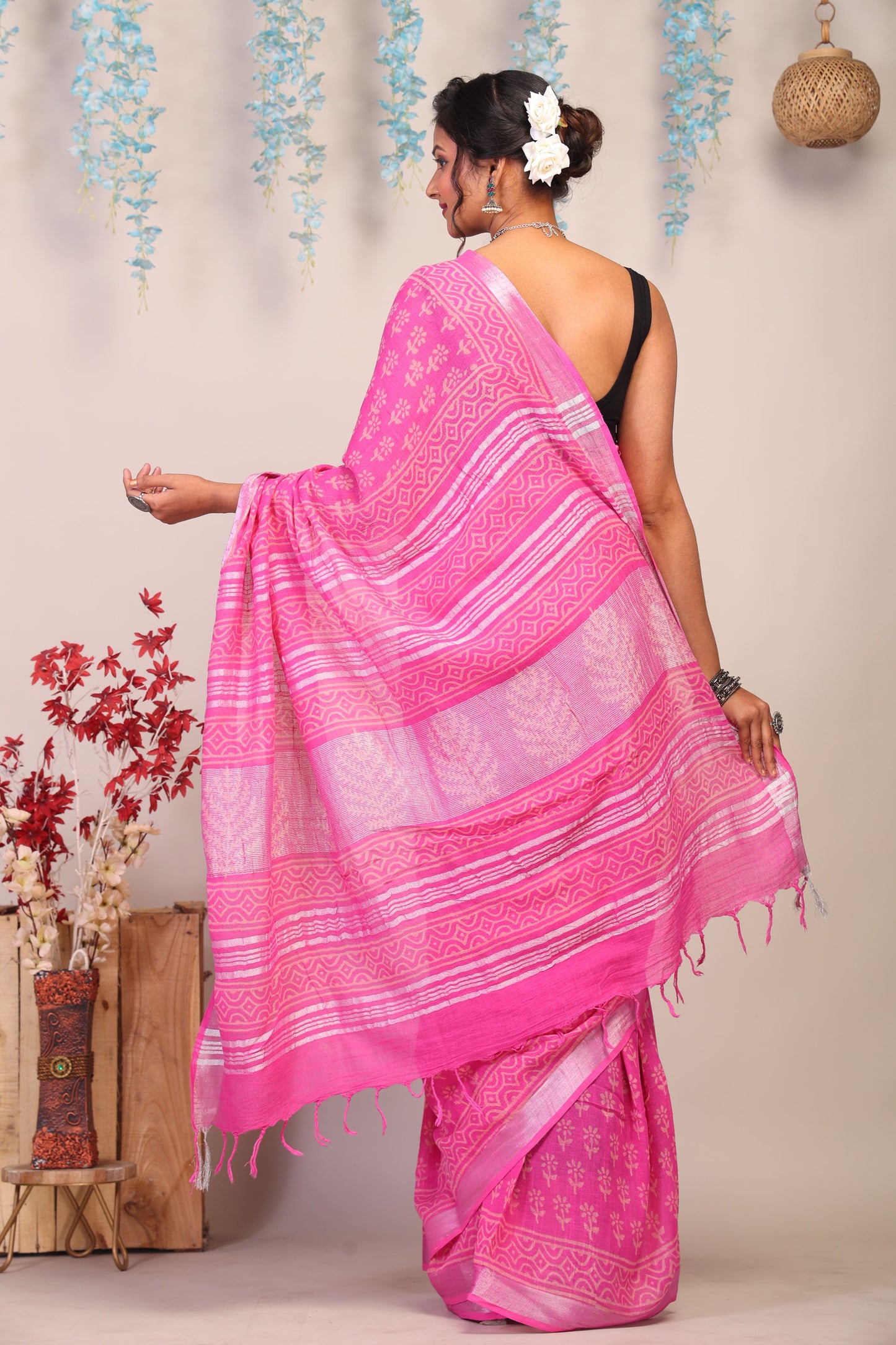 Anuttara Bhagalpuri Pink Cotton Linen Hand Block Saree with Blouse_AFS1088-FS