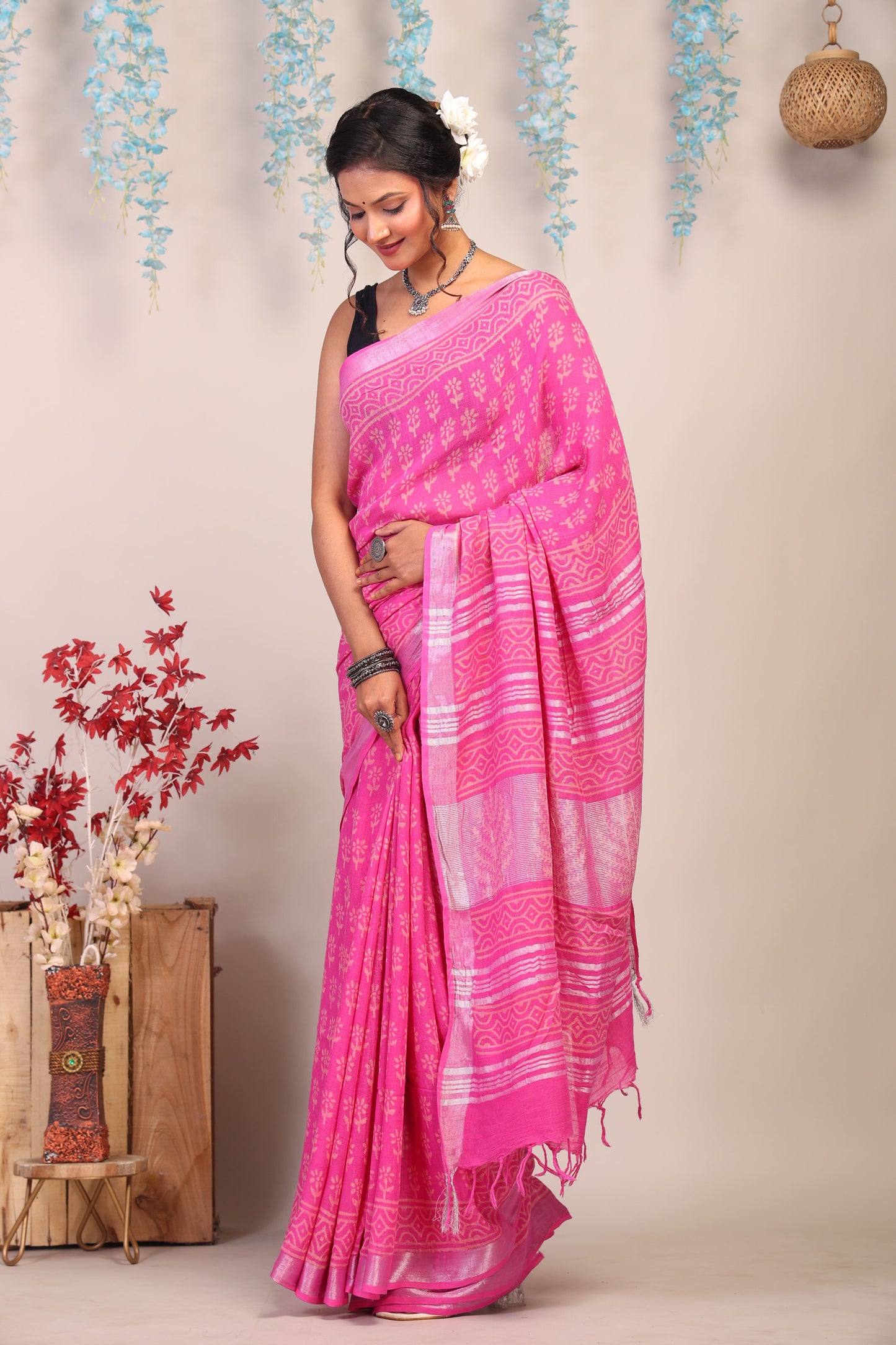 Anuttara Bhagalpuri Pink Cotton Linen Hand Block Saree with Blouse_AFS1088-FS