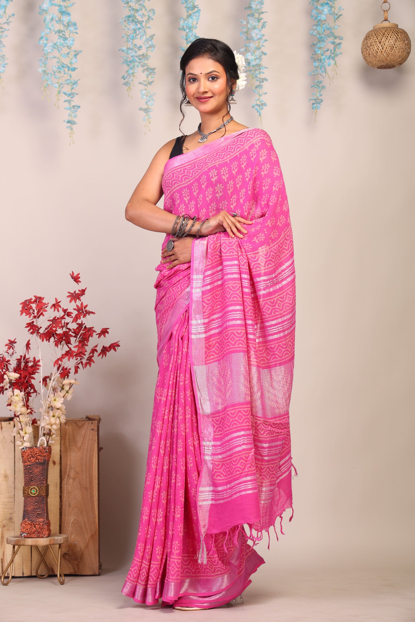 Anuttara Bhagalpuri Pink Cotton Linen Hand Block Saree with Blouse_AFS1088-FS