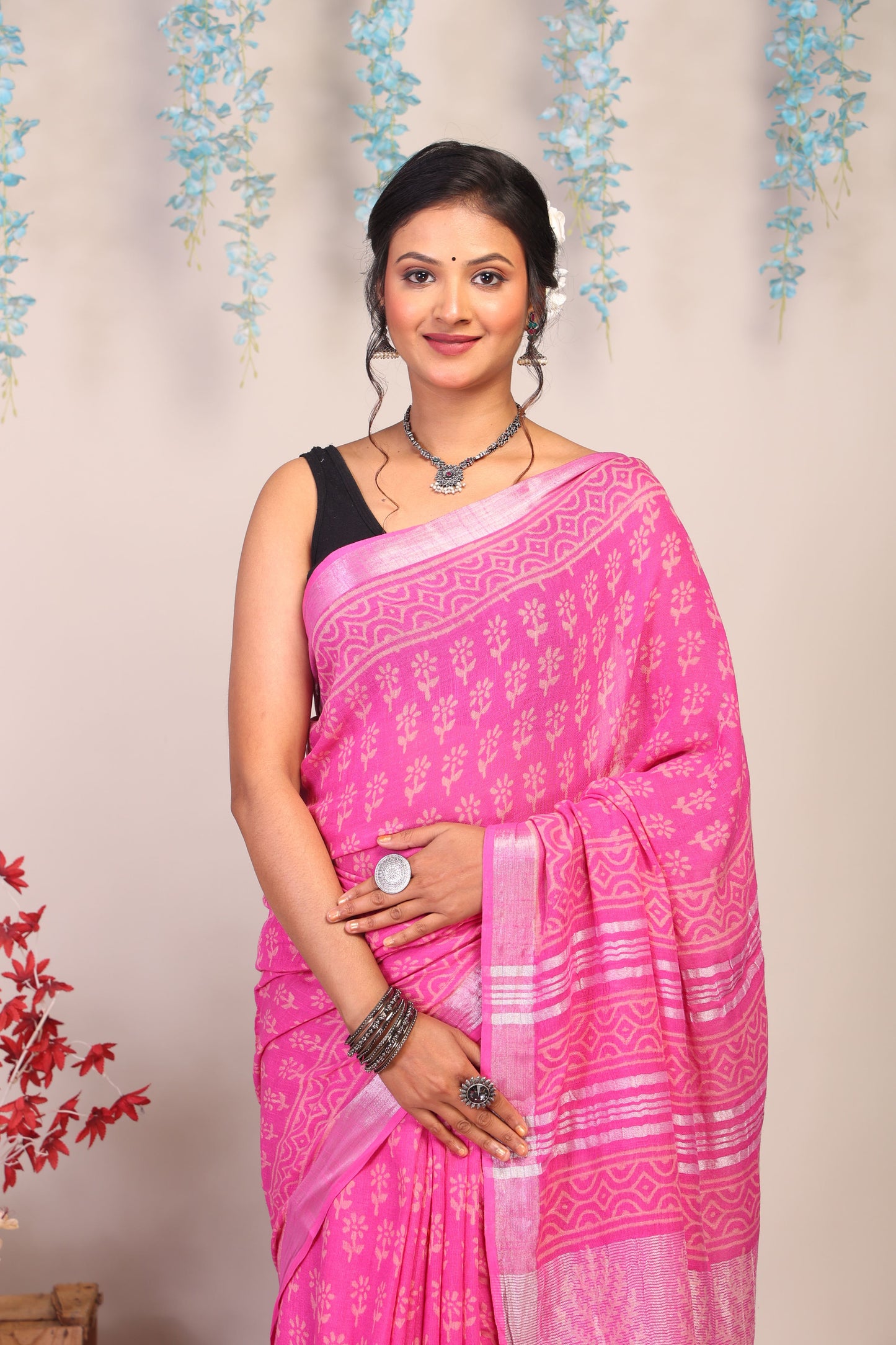 Anuttara Bhagalpuri Pink Cotton Linen Hand Block Saree with Blouse_AFS1088-FS